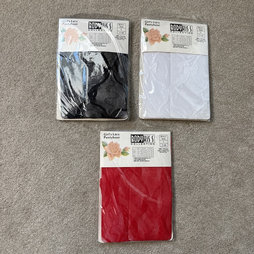 Lot of 3 Vintage Body Kiss Girls Lacy Pantyhose Nylon Size L 7-10 49-74 lbs - Picture 2 of 8